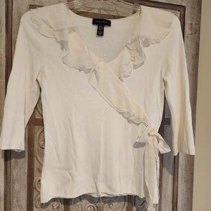 Ribbed Blouse - with silk ruffle at neckline/side sash tie